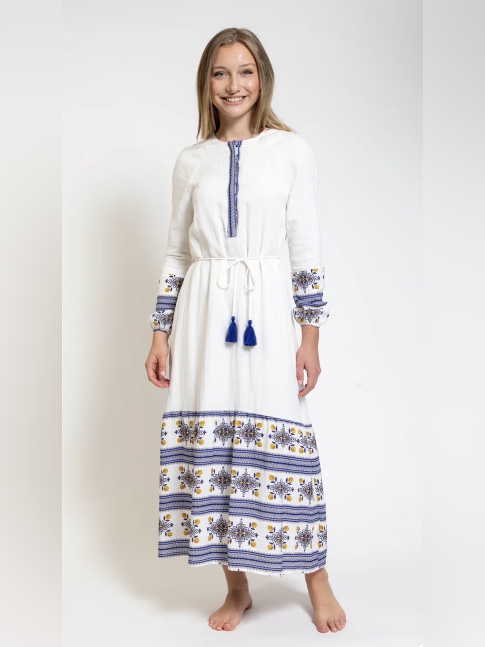 Luella Teen White Embroidered Maxi Dress with Blue Tassels - Women